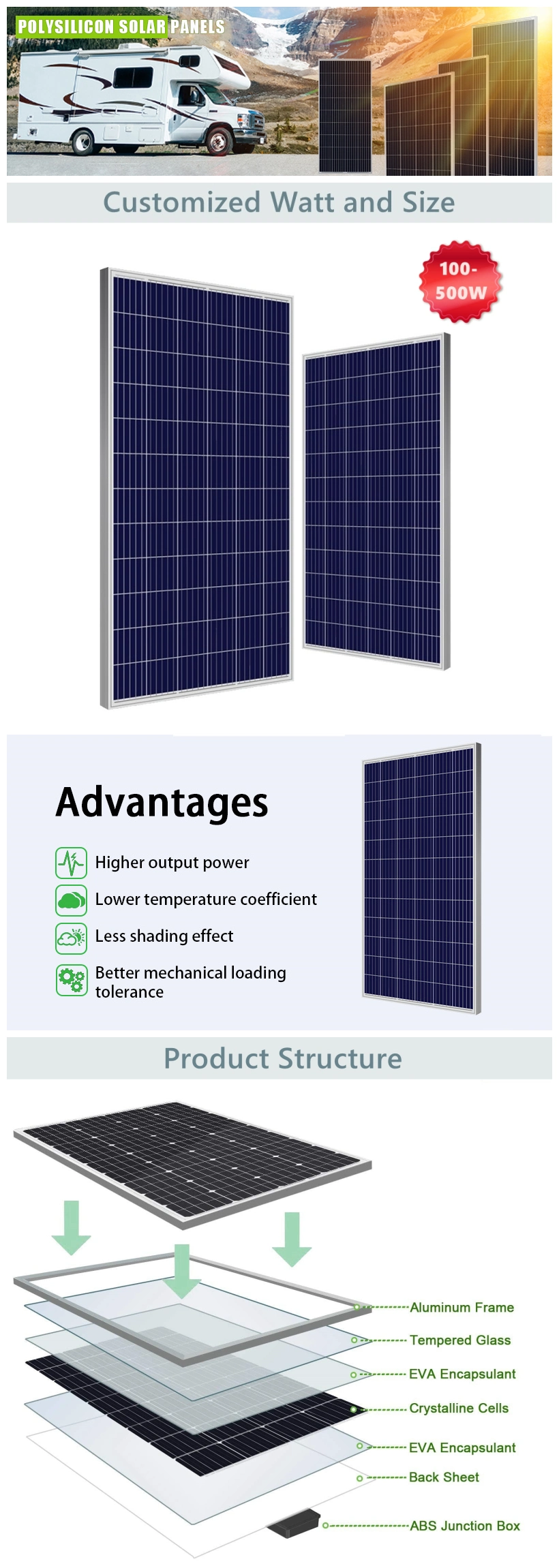 High Efficiency 100 200 300 400 500 Watt 12 Volt Module off Grid Solar Energy System Monocrystalline Solar Panel